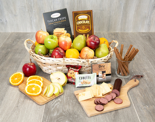 Fruit cheese and Gourmet Basket from Olander Florist, fresh flower delivery in Chicago