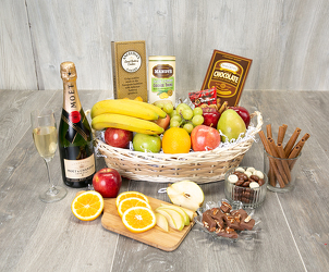 Fruit, Champagne and Gourmet Basket from Olander Florist, fresh flower delivery in Chicago