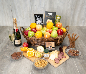 Galore Fruit, Champagne and Gourmet Basket from Olander Florist, fresh flower delivery in Chicago