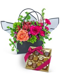 Love and Chocolate Blooming Tote Ensemble from Olander Florist, fresh flower delivery in Chicago