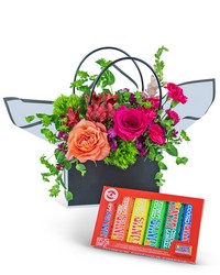 Chocolate-Covered Roses Blooming Tote Ensemble from Olander Florist, fresh flower delivery in Chicago