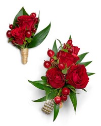 Crimson Corsage and Boutonniere Set from Olander Florist, fresh flower delivery in Chicago