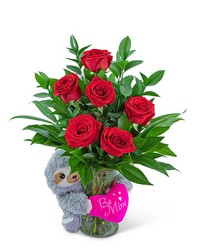 Be Mine Classic Six Red Roses with Sloth from Olander Florist, fresh flower delivery in Chicago