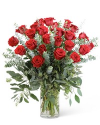 Red Roses with Eucalyptus Foliage (24) from Olander Florist, fresh flower delivery in Chicago